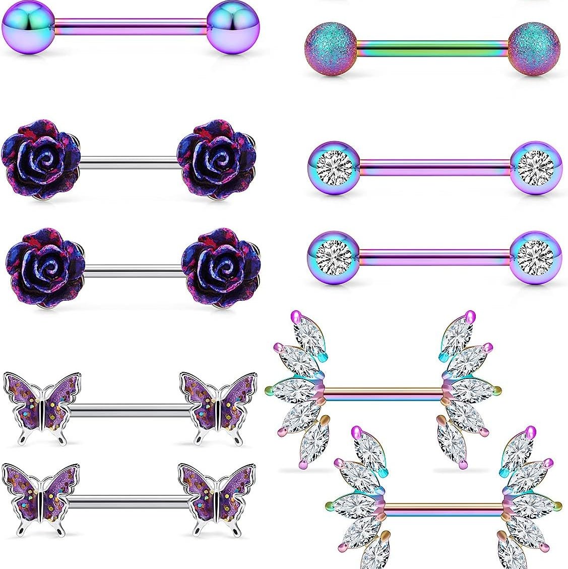 14G Nipple Rings Butterfly & Flower Piercing Jewelry - Surgical Steel, Cubic Zirconia, Silver, Black, Rainbow, Rose Gold - QIAO CrystalQIAO CrystalQIAO Crystal