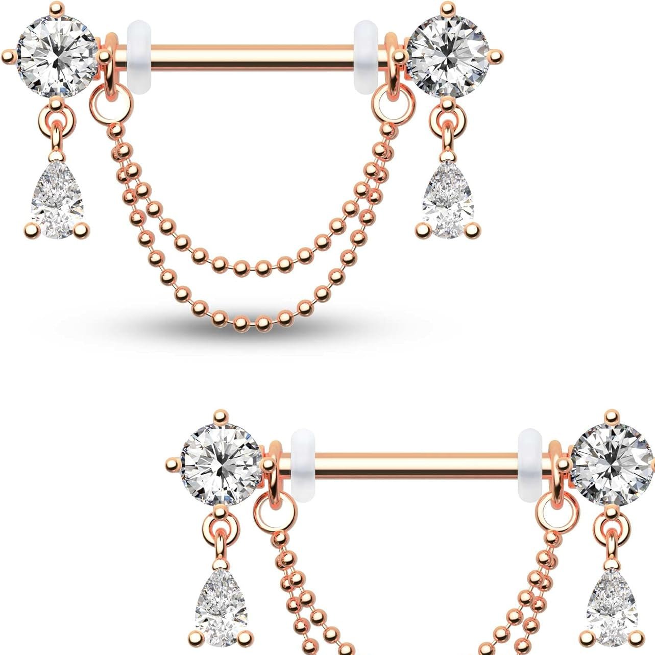 14G Nipple Rings Double Chain Nipple Piercing Jewelry Teardrop Nipple Jewelry 316L Stainless Steel Nipple Piercing Rings for Women - QIAO CrystalQIAO CrystalQIAO Crystal