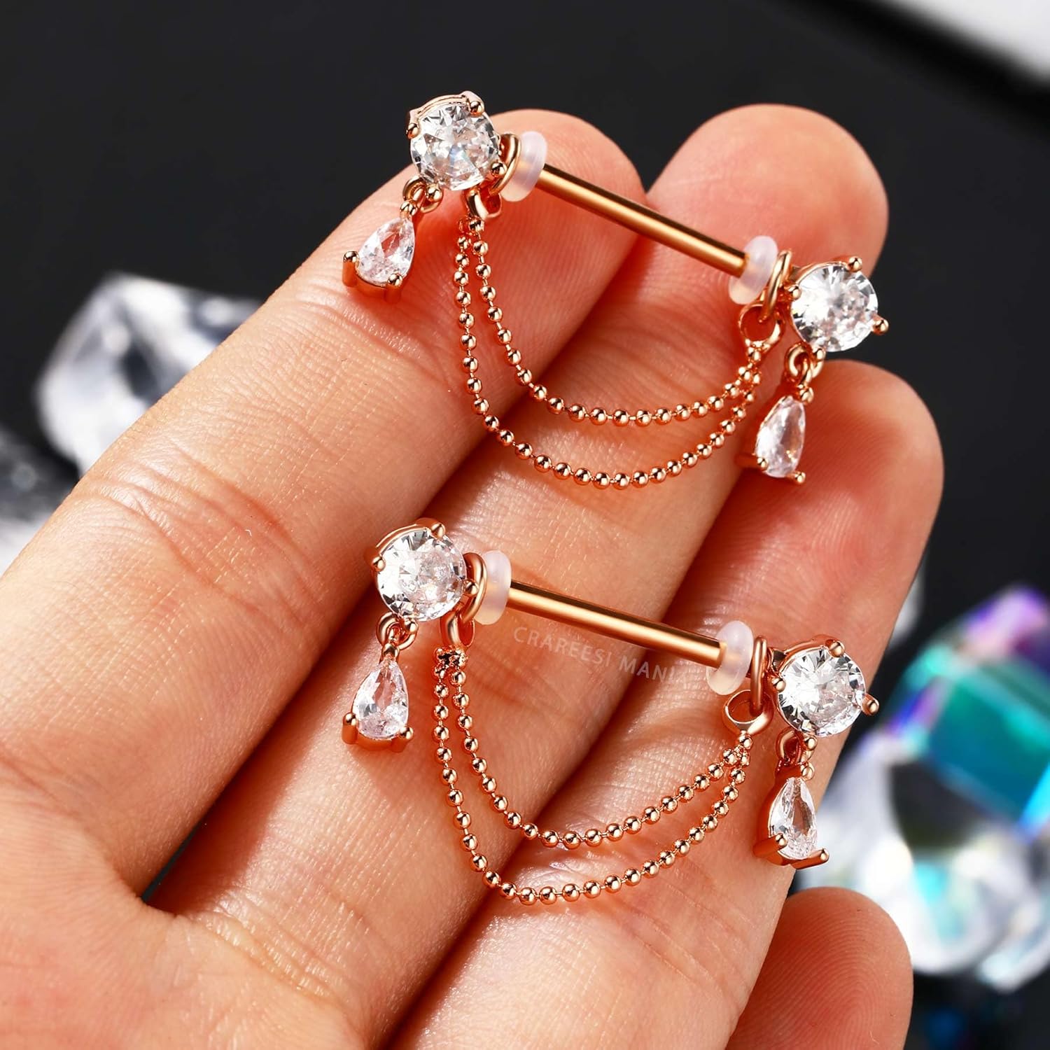 14G Nipple Rings Double Chain Nipple Piercing Jewelry Teardrop Nipple Jewelry 316L Stainless Steel Nipple Piercing Rings for Women - QIAO CrystalQIAO CrystalQIAO Crystal