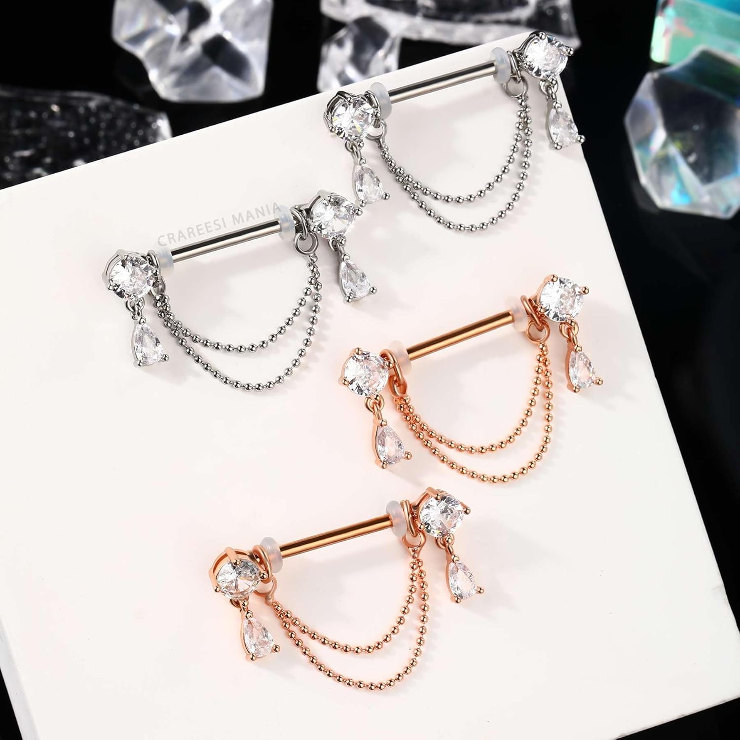 14G Nipple Rings Double Chain Nipple Piercing Jewelry Teardrop Nipple Jewelry 316L Stainless Steel Nipple Piercing Rings for Women - QIAO CrystalQIAO CrystalQIAO Crystal