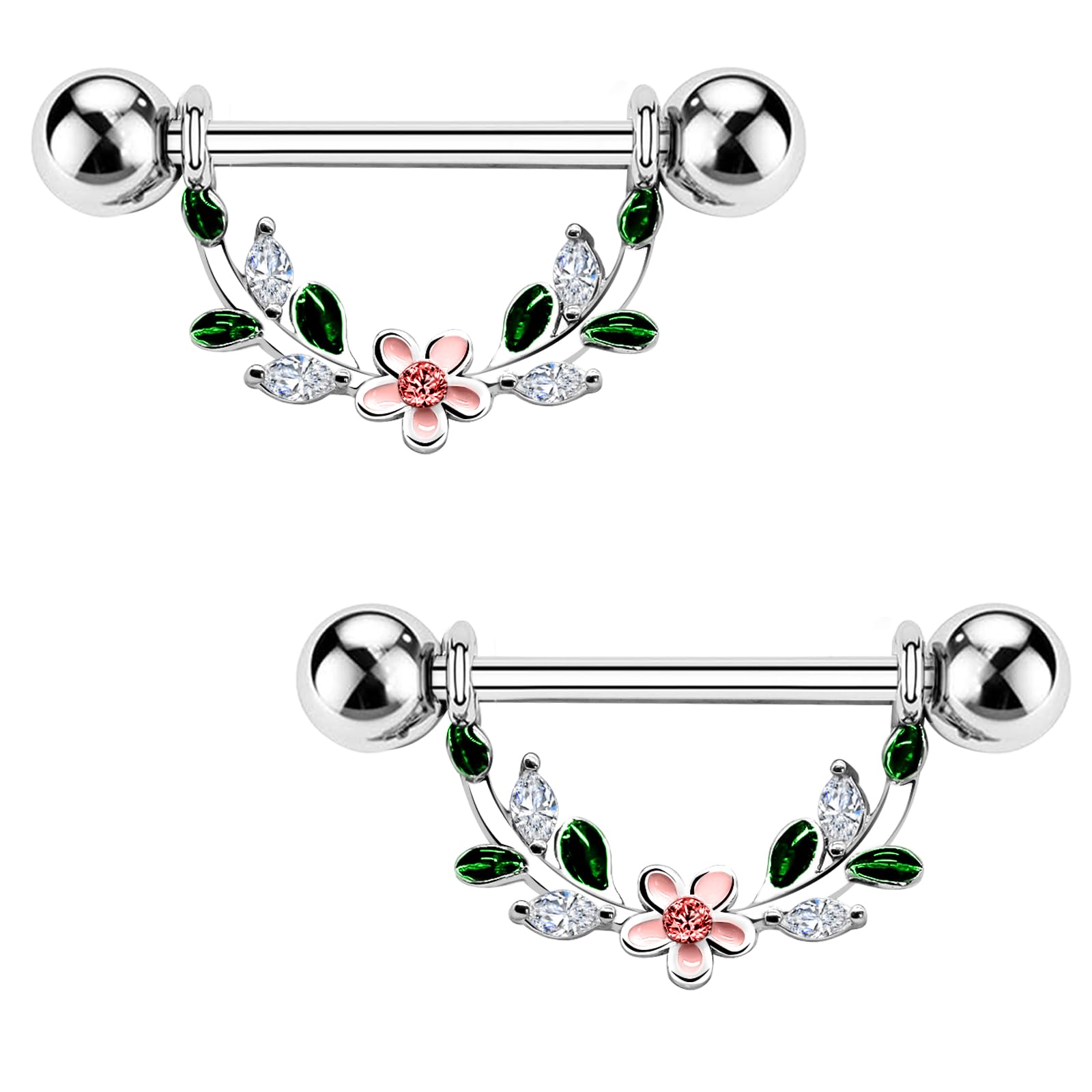 14G Nipple Rings Flower Nipple Bars Surgial Steel 316L Nipple Piercing Jewelry Heart Nipple Barbell for Women - QIAO Crystal我的商店QIAO Crystal