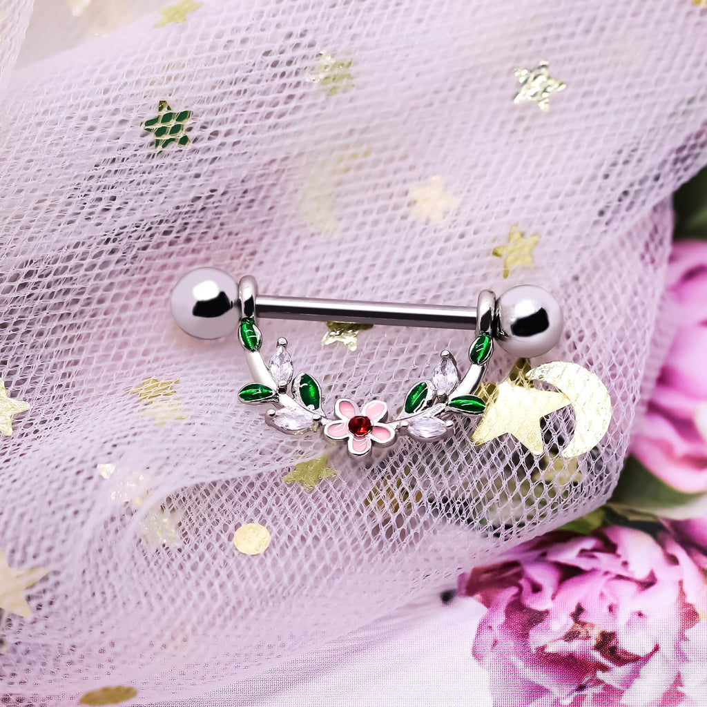 14G Nipple Rings Flower Nipple Bars Surgial Steel 316L Nipple Piercing Jewelry Heart Nipple Barbell for Women - QIAO Crystal我的商店QIAO Crystal