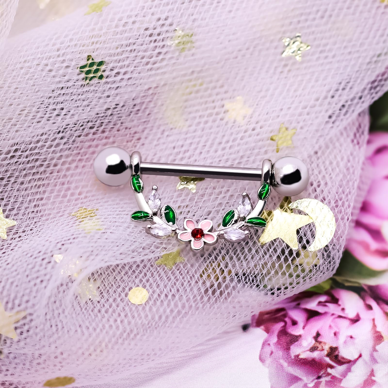 14G Nipple Rings Flower Nipple Bars Surgial Steel 316L Nipple Piercing Jewelry Heart Nipple Barbell for Women - QIAO Crystal我的商店QIAO Crystal