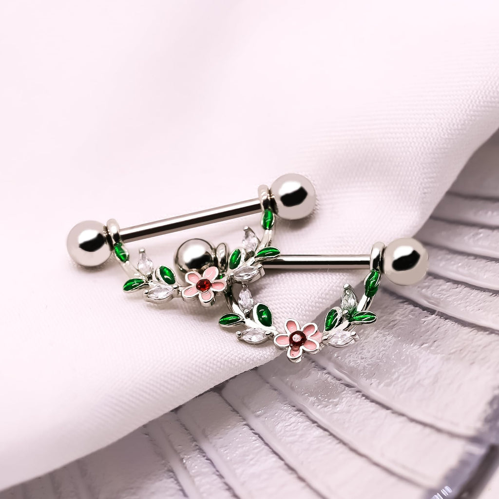 14G Nipple Rings Flower Nipple Bars Surgial Steel 316L Nipple Piercing Jewelry Heart Nipple Barbell for Women - QIAO Crystal我的商店QIAO Crystal