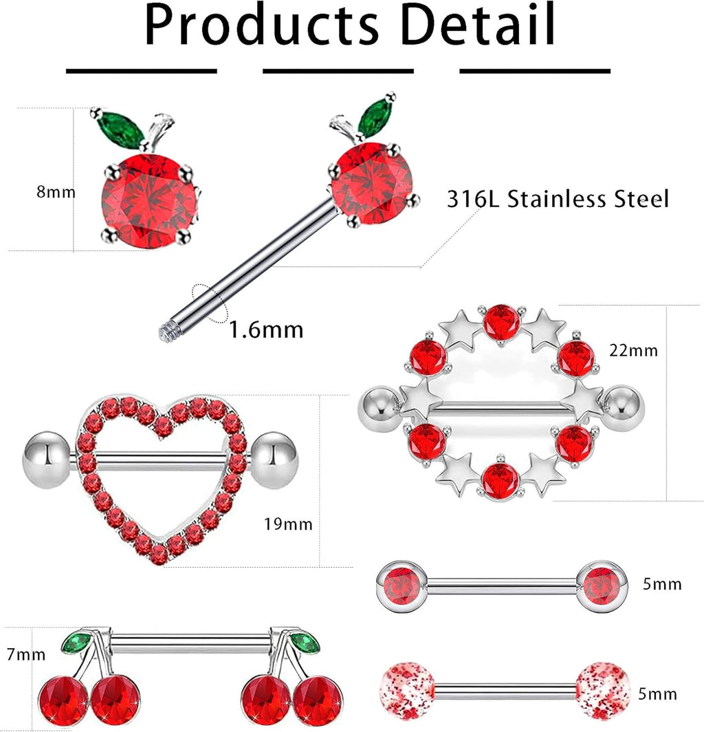 14G Nipple Rings for Women 316L Stainless Steel Heart Cherry,Star Butterfly Nipple Barbell CZ Cute Nipple Rings Set Nipplerings Piercing Jewelry - QIAO CrystalQIAO CrystalQIAO Crystal
