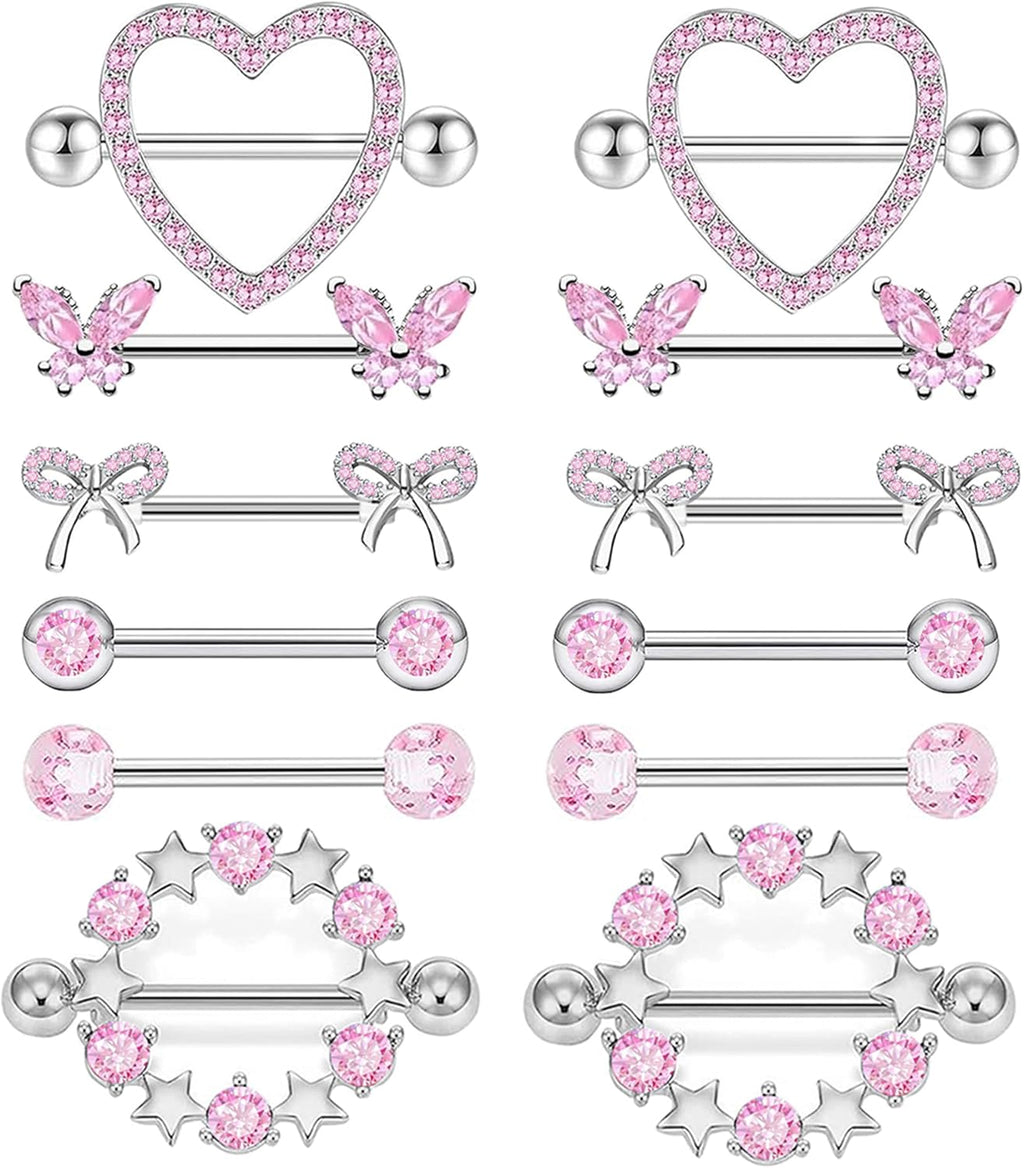 14G Nipple Rings for Women 316L Stainless Steel Heart Cherry,Star Butterfly Nipple Barbell CZ Cute Nipple Rings Set Nipplerings Piercing Jewelry - QIAO CrystalQIAO CrystalQIAO Crystal
