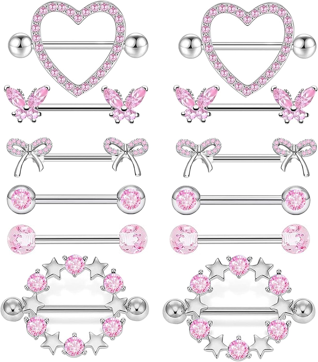 14G Nipple Rings for Women 316L Stainless Steel Heart Cherry,Star Butterfly Nipple Barbell CZ Cute Nipple Rings Set Nipplerings Piercing Jewelry - QIAO CrystalQIAO CrystalQIAO Crystal