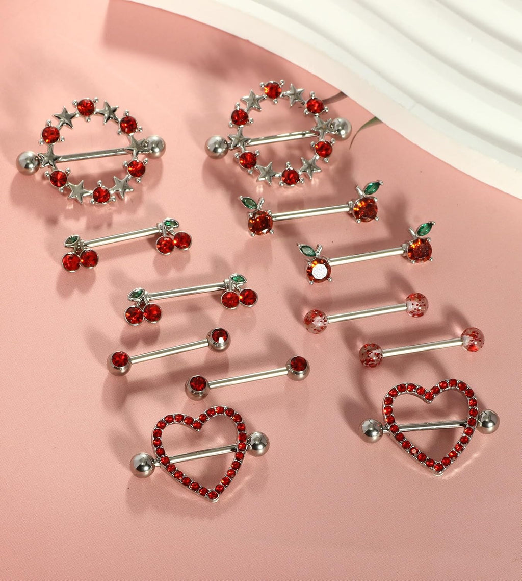 14G Nipple Rings for Women 316L Stainless Steel Heart Cherry,Star Butterfly Nipple Barbell CZ Cute Nipple Rings Set Nipplerings Piercing Jewelry - QIAO CrystalQIAO CrystalQIAO Crystal