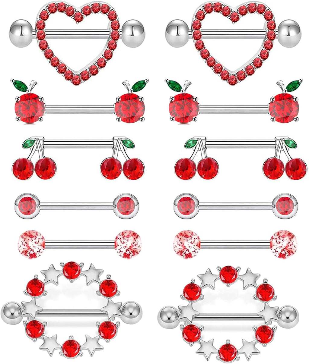 14G Nipple Rings for Women 316L Stainless Steel Heart Cherry,Star Butterfly Nipple Barbell CZ Cute Nipple Rings Set Nipplerings Piercing Jewelry - QIAO CrystalQIAO CrystalQIAO Crystal