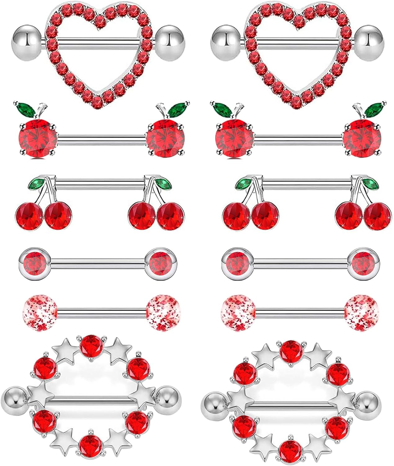 14G Nipple Rings for Women 316L Stainless Steel Heart Cherry,Star Butterfly Nipple Barbell CZ Cute Nipple Rings Set Nipplerings Piercing Jewelry - QIAO CrystalQIAO CrystalQIAO Crystal