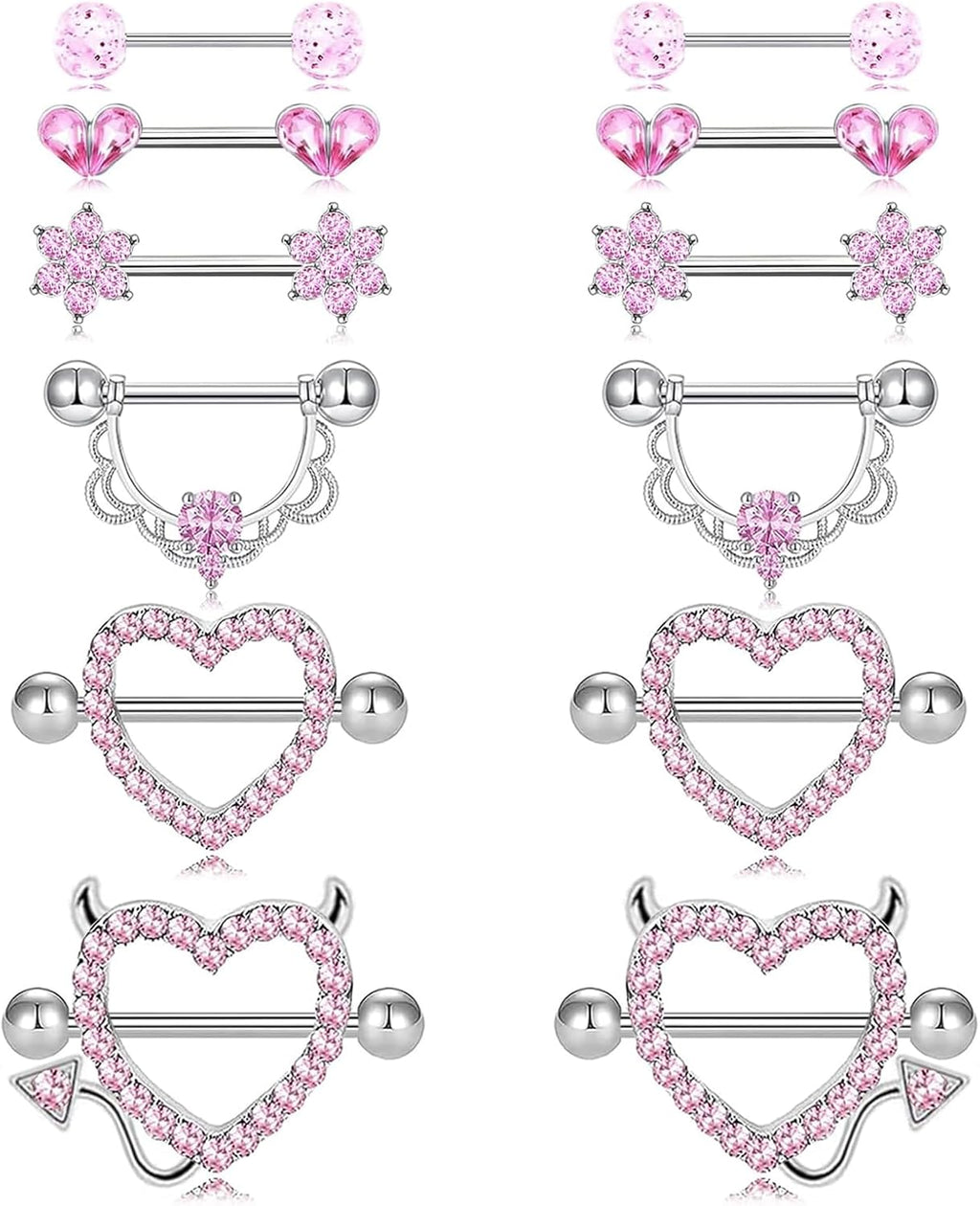 14G Nipple Rings for Women 316L Stainless Steel Heart,Devil,Flower Nipple Barbell CZ Nipple Rings Set Nipplerings Piercing - QIAO CrystalQIAO CrystalQIAO Crystal