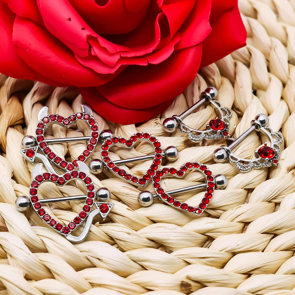 14G Nipple Rings for Women 316L Stainless Steel Heart,Devil,Flower Nipple Barbell CZ Nipple Rings Set Nipplerings Piercing - QIAO CrystalQIAO CrystalQIAO Crystal