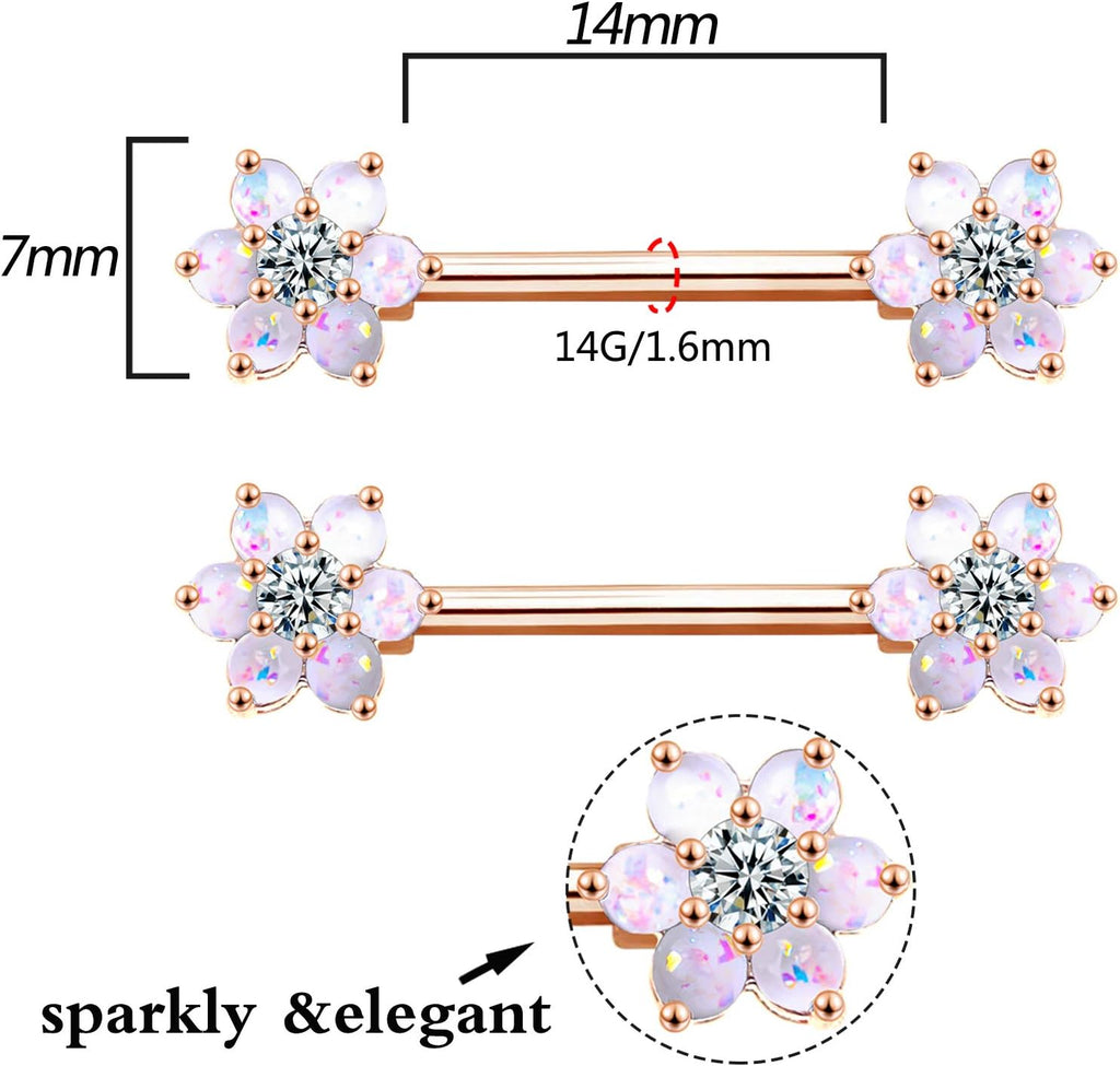 14G Opal Flower CZ Nipple Barbell Nipple Ring Piercing Jewelry for Women - QIAO CrystalQIAO CrystalQIAO Crystal