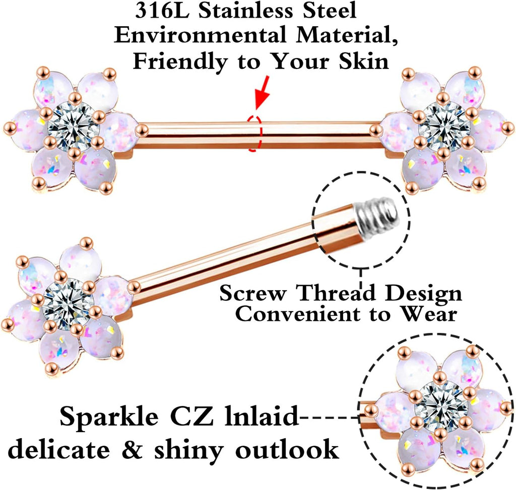 14G Opal Flower CZ Nipple Barbell Nipple Ring Piercing Jewelry for Women - QIAO CrystalQIAO CrystalQIAO Crystal