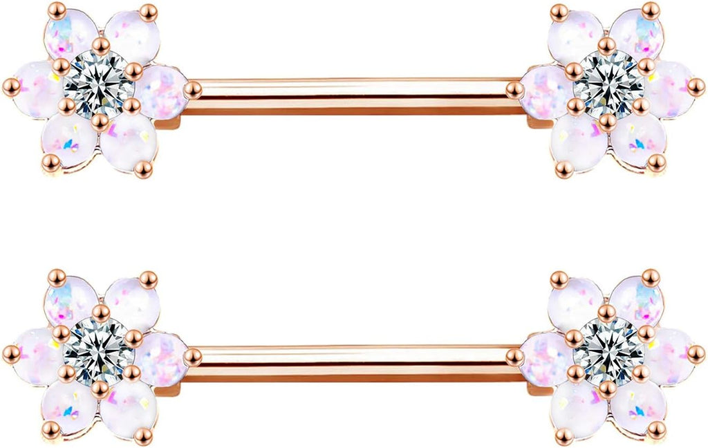 14G Opal Flower CZ Nipple Barbell Nipple Ring Piercing Jewelry for Women - QIAO CrystalQIAO CrystalQIAO Crystal