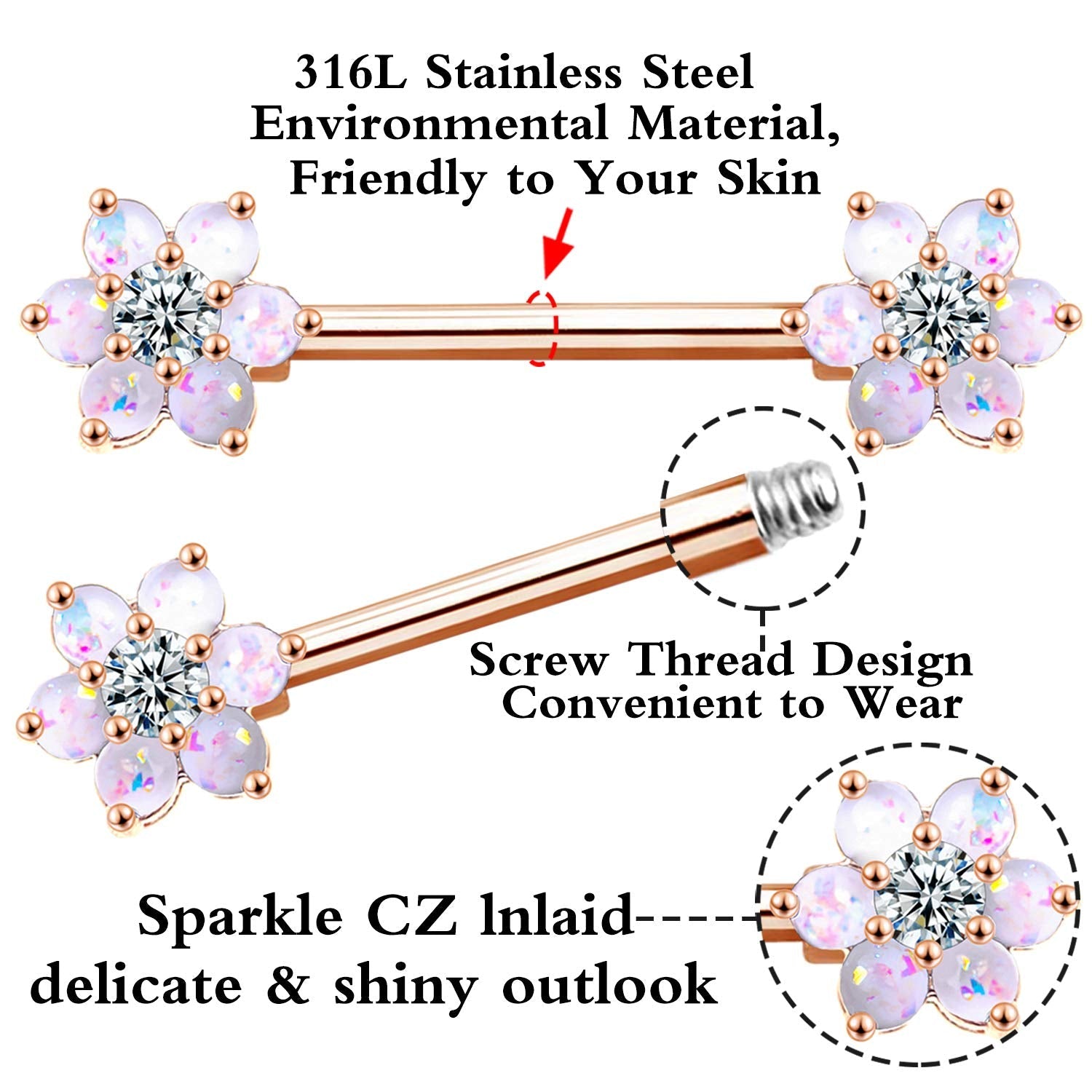 14G Opal Flower CZ Nipple Barbell Nipple Ring Piercing Jewelry for Women - QIAO Crystal我的商店QIAO Crystal