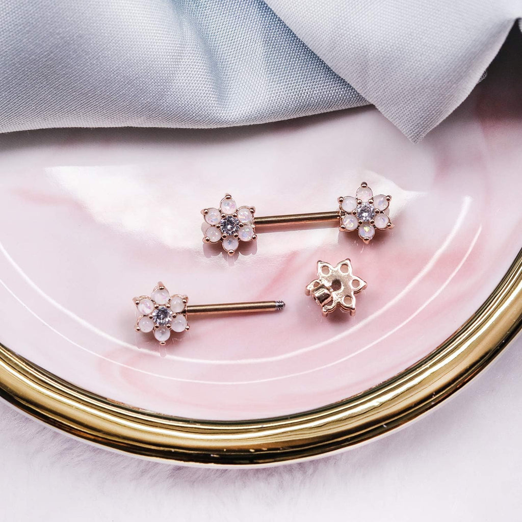 14G Opal Flower CZ Nipple Barbell Nipple Ring Piercing Jewelry for Women - QIAO CrystalQIAO CrystalQIAO Crystal
