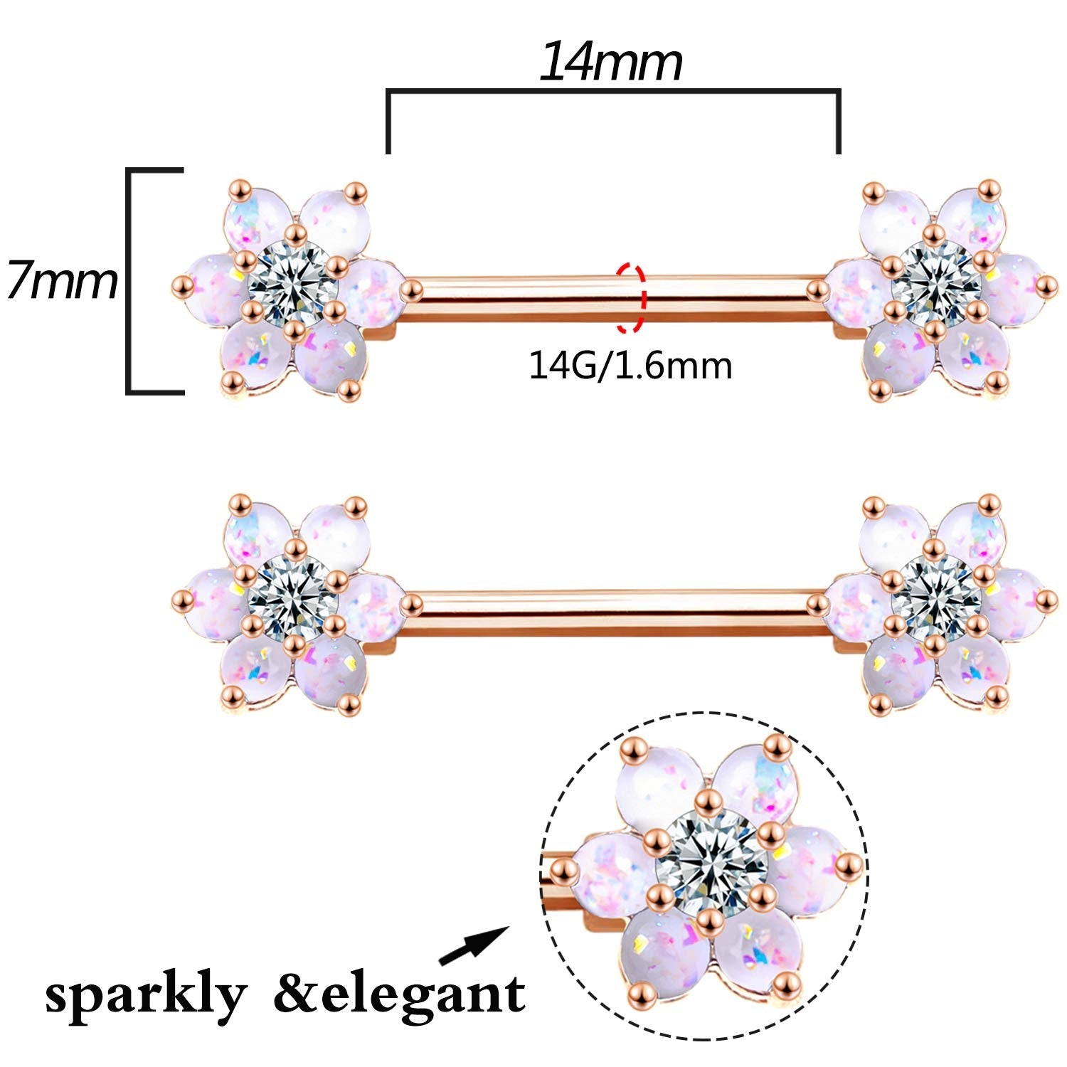14G Opal Flower CZ Nipple Barbell Nipple Ring Piercing Jewelry for Women - QIAO Crystal我的商店QIAO Crystal