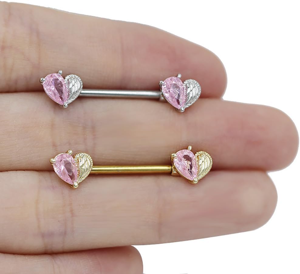 14G Pink CZ Heart Nipple Rings for Women Hypoallergenic Surgical Steel Nipplerings Nipple Barbell Shield Studs Dainty Nipple Piercing Jewelry - QIAO CrystalQIAO CrystalQIAO Crystal