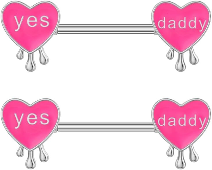 14G Pink Heart Letter Nipple Rings 316L Surgical Steel Nipple Barbell Yes Daddy Naughty Words Nipplerings Nipple Piercing Jewelry for Women - QIAO CrystalQIAO CrystalQIAO Crystal