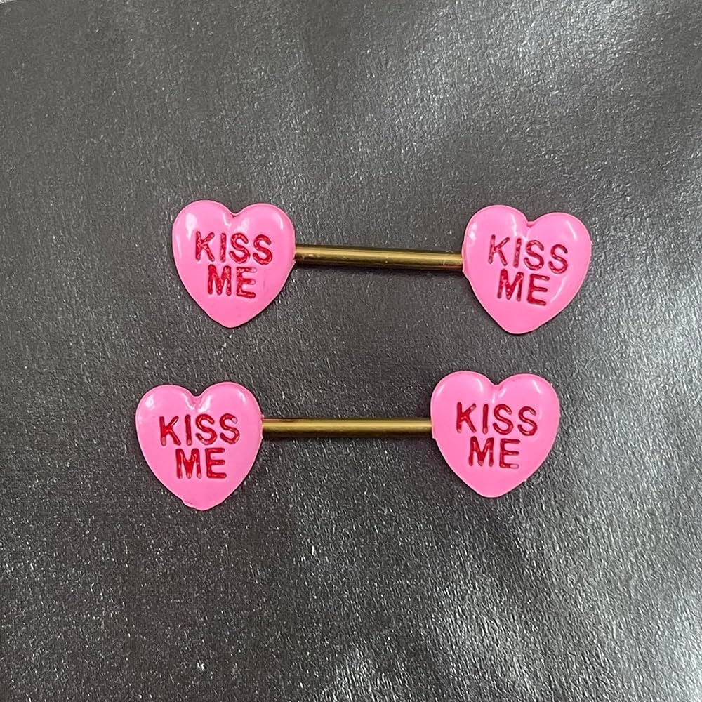 14G Pink Heart Nipple Rings for Women Stainless Steel Acrylic Love Heart Letter Nipplerings Kiss Me Naughty Words Nipple Shield Barbell Nipple Piercing Jewelry - QIAO CrystalQIAO CrystalQIAO Crystal