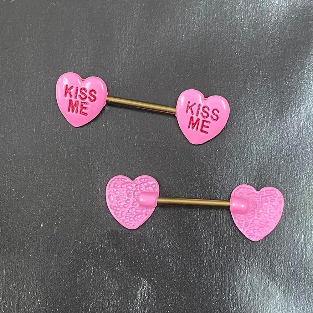 14G Pink Heart Nipple Rings for Women Stainless Steel Acrylic Love Heart Letter Nipplerings Kiss Me Naughty Words Nipple Shield Barbell Nipple Piercing Jewelry - QIAO CrystalQIAO CrystalQIAO Crystal