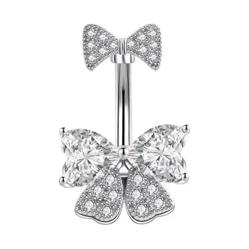 14G Rhinestone Bowknot Belly Button Ring for Women - Stainless Steel CZ Crystal Bow Navel Curved Barbell - Sparkling Body Piercing Jewelry - QIAO Crystal我的商店QIAO Crystal