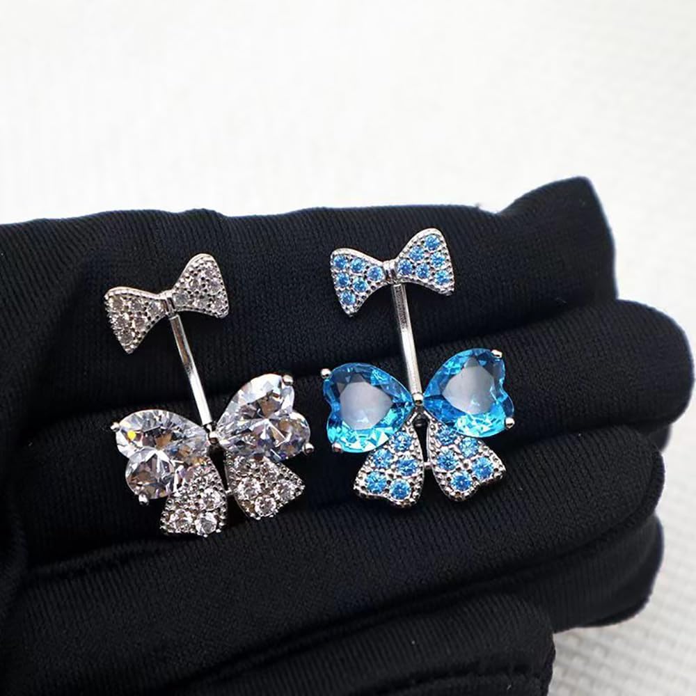 14G Rhinestone Bowknot Belly Button Ring for Women - Stainless Steel CZ Crystal Bow Navel Curved Barbell - Sparkling Body Piercing Jewelry - 我的商店我的商店我的商店