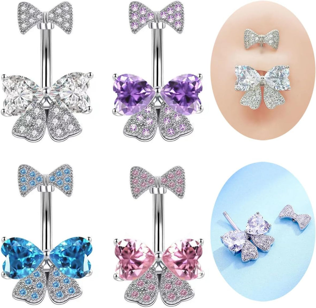 14G Rhinestone Bowknot Belly Button Ring for Women - Stainless Steel CZ Crystal Bow Navel Curved Barbell - Sparkling Body Piercing Jewelry - 我的商店我的商店我的商店