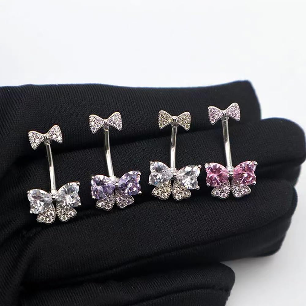 14G Rhinestone Bowknot Belly Button Ring for Women - Stainless Steel CZ Crystal Bow Navel Curved Barbell - Sparkling Body Piercing Jewelry - 我的商店我的商店我的商店