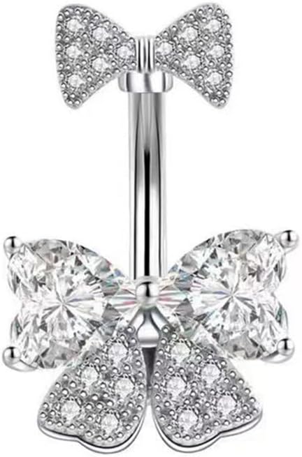 14G Rhinestone Bowknot Belly Button Ring for Women - Stainless Steel CZ Crystal Bow Navel Curved Barbell - Sparkling Body Piercing Jewelry - 我的商店我的商店我的商店