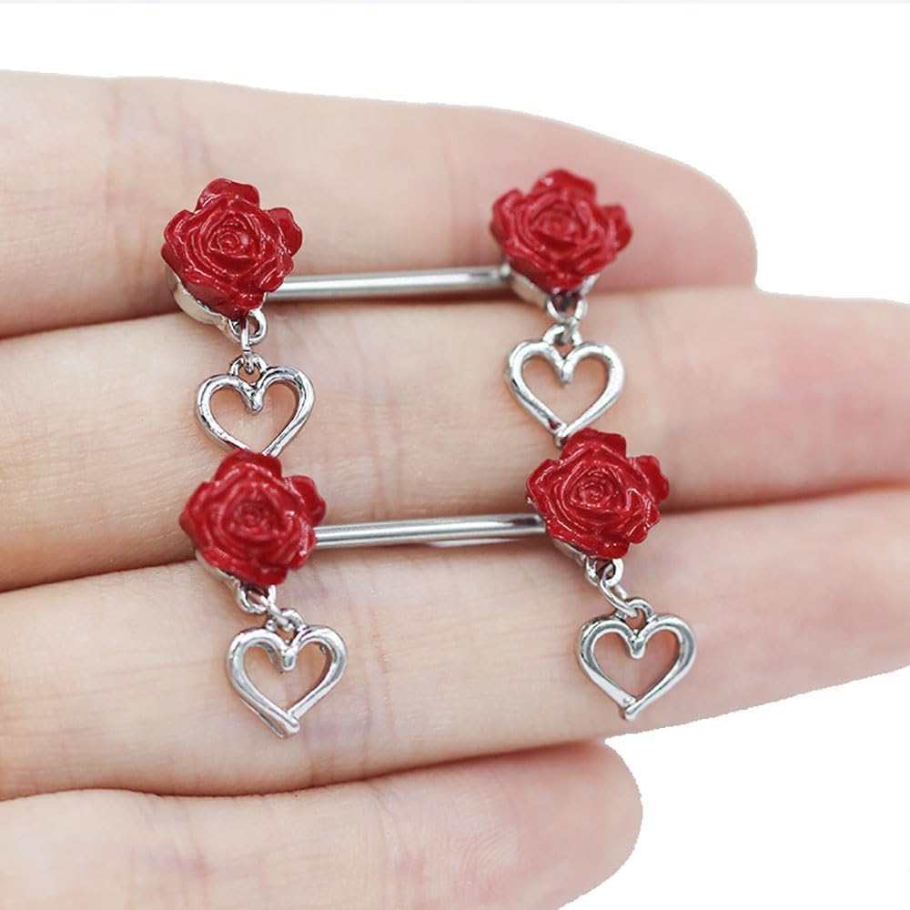 14G Rose Heart Dangle Nipple Rings for Women Stainless Steel Red Flower Nipplerings Nipple Barbell Dangling Nipple Shield Studs Nipple Piercing Jewelry - QIAO CrystalQIAO CrystalQIAO Crystal