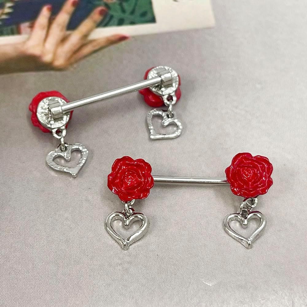 14G Rose Heart Dangle Nipple Rings for Women Stainless Steel Red Flower Nipplerings Nipple Barbell Dangling Nipple Shield Studs Nipple Piercing Jewelry - QIAO CrystalQIAO CrystalQIAO Crystal