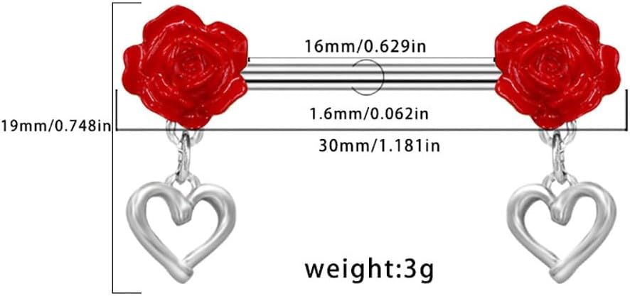 14G Rose Heart Dangle Nipple Rings for Women Stainless Steel Red Flower Nipplerings Nipple Barbell Dangling Nipple Shield Studs Nipple Piercing Jewelry - QIAO CrystalQIAO CrystalQIAO Crystal