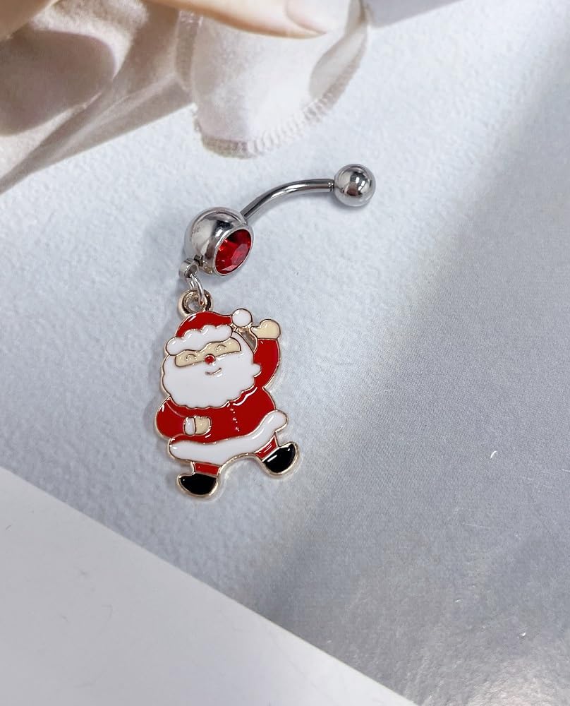 14g Santa Claus Surgical Steel Red CZ Belly Button Ring Navel Rings for Women Cute Dangle Screw Studs Barbell Piercings Sexy Jewelry Christmas Party Gift Her Daughter - 我的商店我的商店我的商店