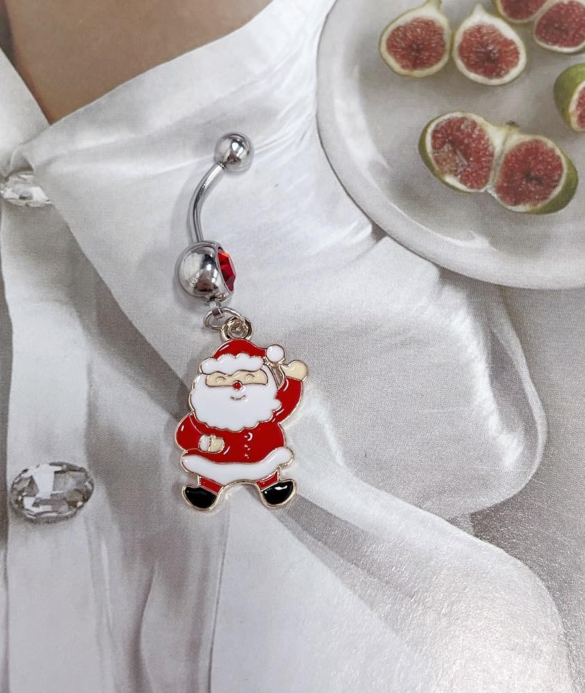 14g Santa Claus Surgical Steel Red CZ Belly Button Ring Navel Rings for Women Cute Dangle Screw Studs Barbell Piercings Sexy Jewelry Christmas Party Gift Her Daughter - 我的商店我的商店我的商店