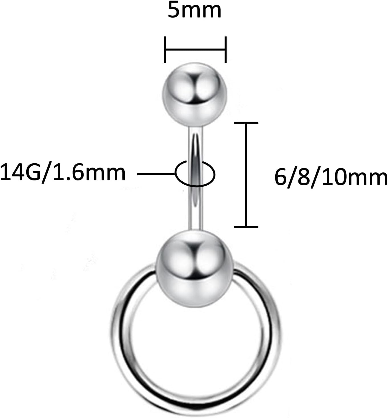 14g Short Bar Captive Bead Belly Button Ring for Women Belly Piercing, Surgical Steel Belly Rings Silver, 6mm 8mm 10mm Bar Length - 我的商店我的商店我的商店