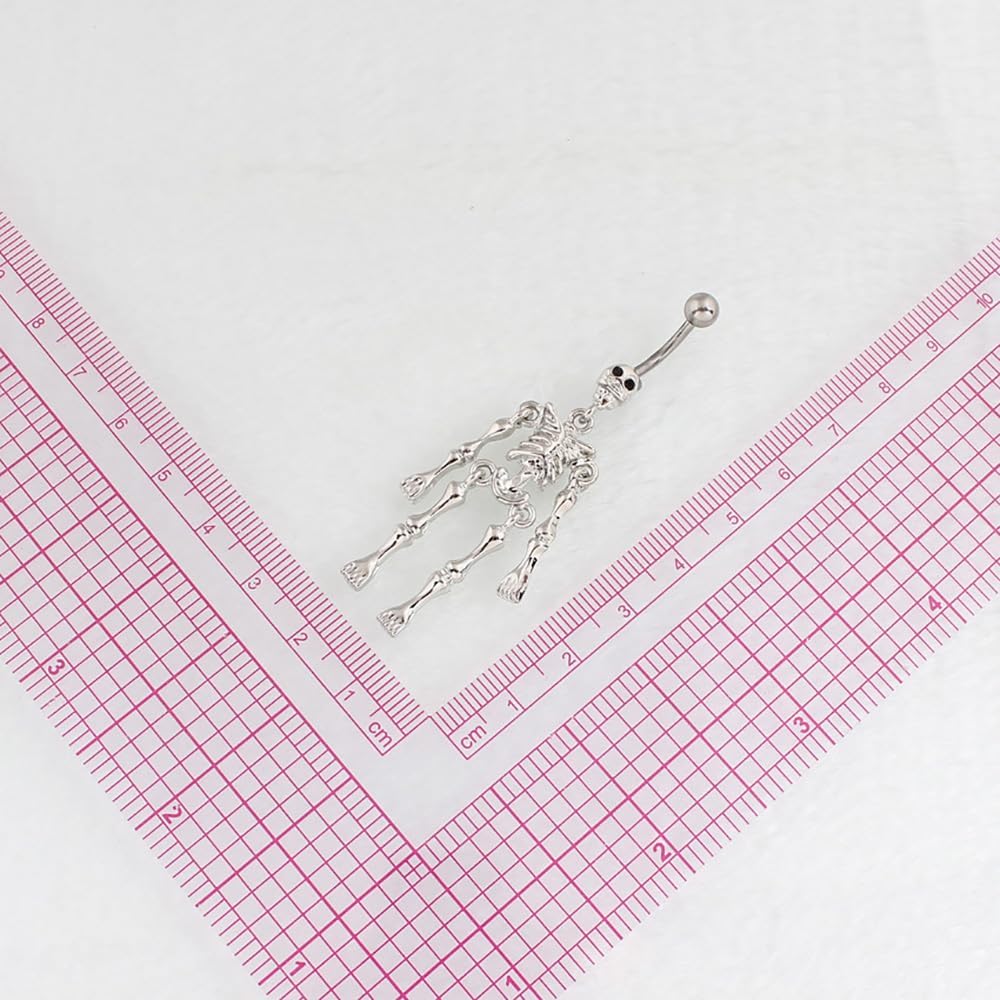 14G Silver Skeleton Dangle Belly Button Ring for Women Halloween Stainless Steel Belly Navel Ring Belly Piercing Jewelry - 我的商店我的商店我的商店