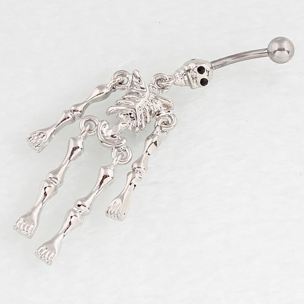 14G Silver Skeleton Dangle Belly Button Ring for Women Halloween Stainless Steel Belly Navel Ring Belly Piercing Jewelry - 我的商店我的商店我的商店