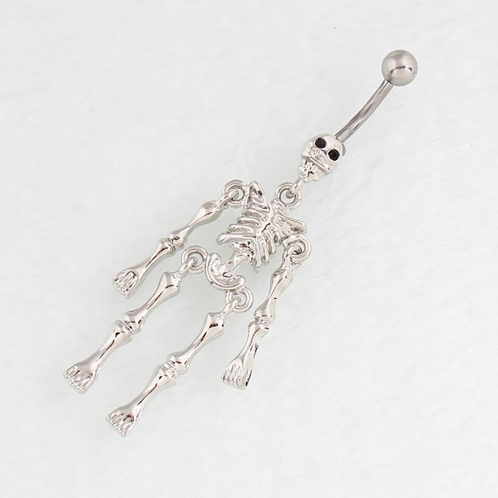 14G Silver Skeleton Dangle Belly Button Ring for Women Halloween Stainless Steel Belly Navel Ring Belly Piercing Jewelry - 我的商店我的商店我的商店