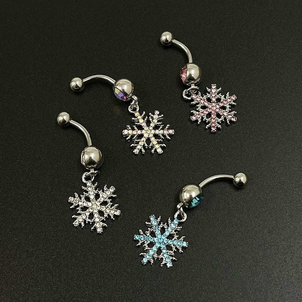 14G Sparkle Rhinestone Snowflake Dangle Belly Button Ring for Women - Hypoallergenic Surgical Steel Navel Rings Curved Barbell - Dainty Winter Body Piercing Jewelry - 我的商店我的商店我的商店