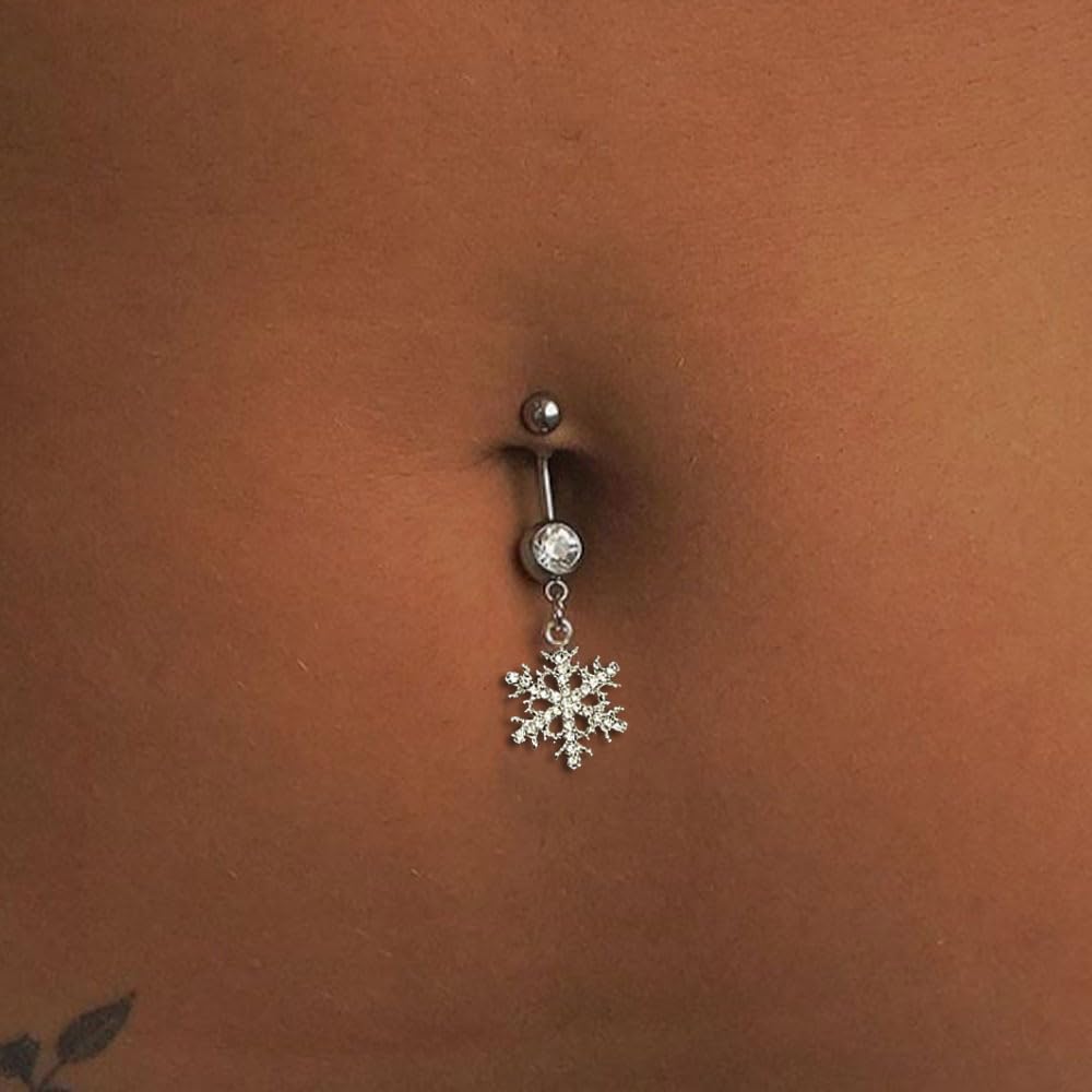 14G Sparkle Rhinestone Snowflake Dangle Belly Button Ring for Women - Hypoallergenic Surgical Steel Navel Rings Curved Barbell - Dainty Winter Body Piercing Jewelry - 我的商店我的商店我的商店