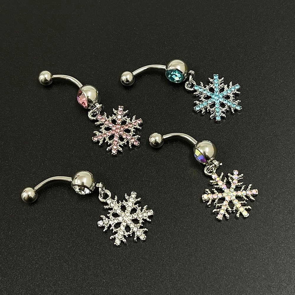 14G Sparkle Rhinestone Snowflake Dangle Belly Button Ring for Women - Hypoallergenic Surgical Steel Navel Rings Curved Barbell - Dainty Winter Body Piercing Jewelry - 我的商店我的商店我的商店