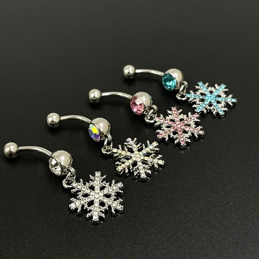 14G Sparkle Rhinestone Snowflake Dangle Belly Button Ring for Women - Hypoallergenic Surgical Steel Navel Rings Curved Barbell - Dainty Winter Body Piercing Jewelry - 我的商店我的商店我的商店