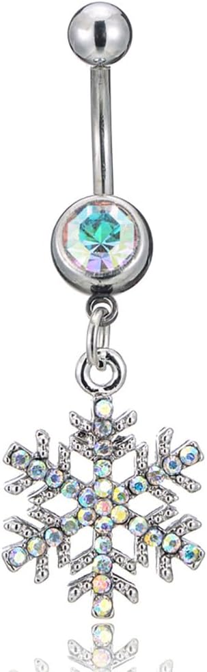 14G Sparkle Rhinestone Snowflake Dangle Belly Button Ring for Women - Hypoallergenic Surgical Steel Navel Rings Curved Barbell - Dainty Winter Body Piercing Jewelry - 我的商店我的商店我的商店