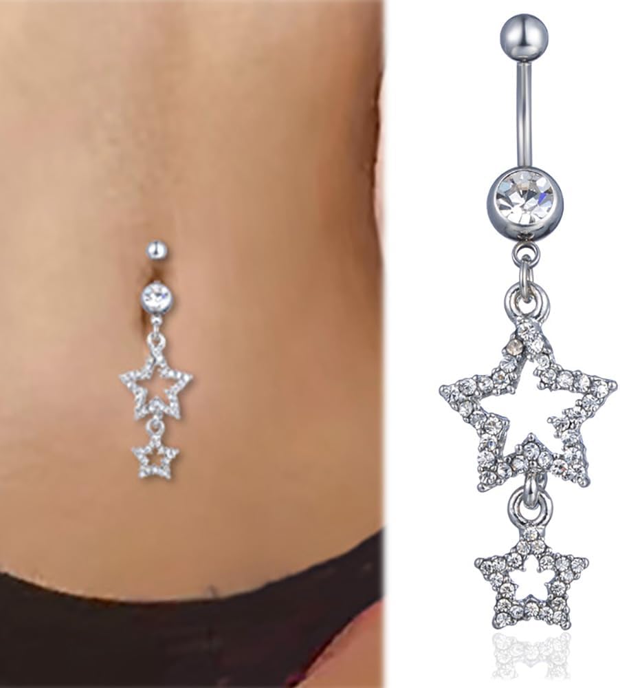 14G Sparkle Star Dangle Belly Button Rings for Women Surgical Steel Belly Navel Piercing Barbell Dangling Body Piercing Jewelry - 我的商店我的商店我的商店