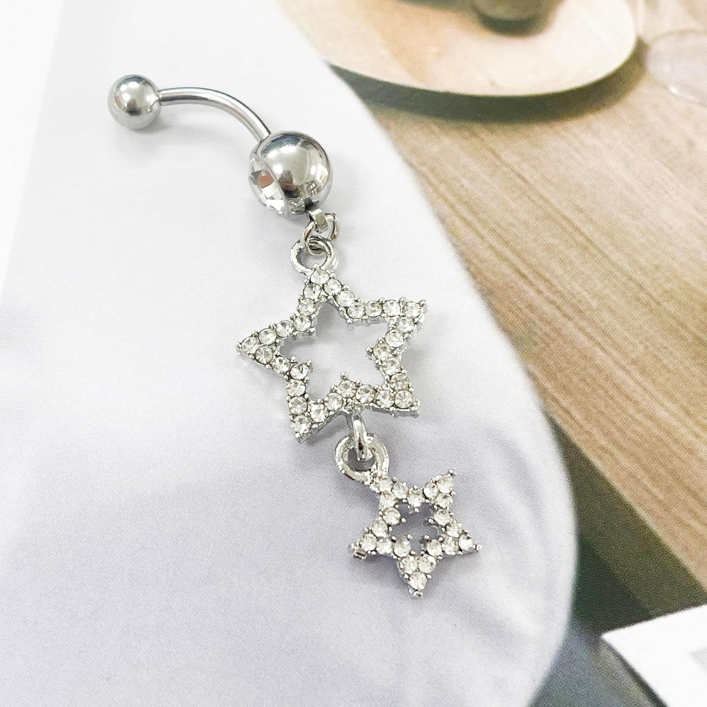 14G Sparkle Star Dangle Belly Button Rings for Women Surgical Steel Belly Navel Piercing Barbell Dangling Body Piercing Jewelry - 我的商店我的商店我的商店