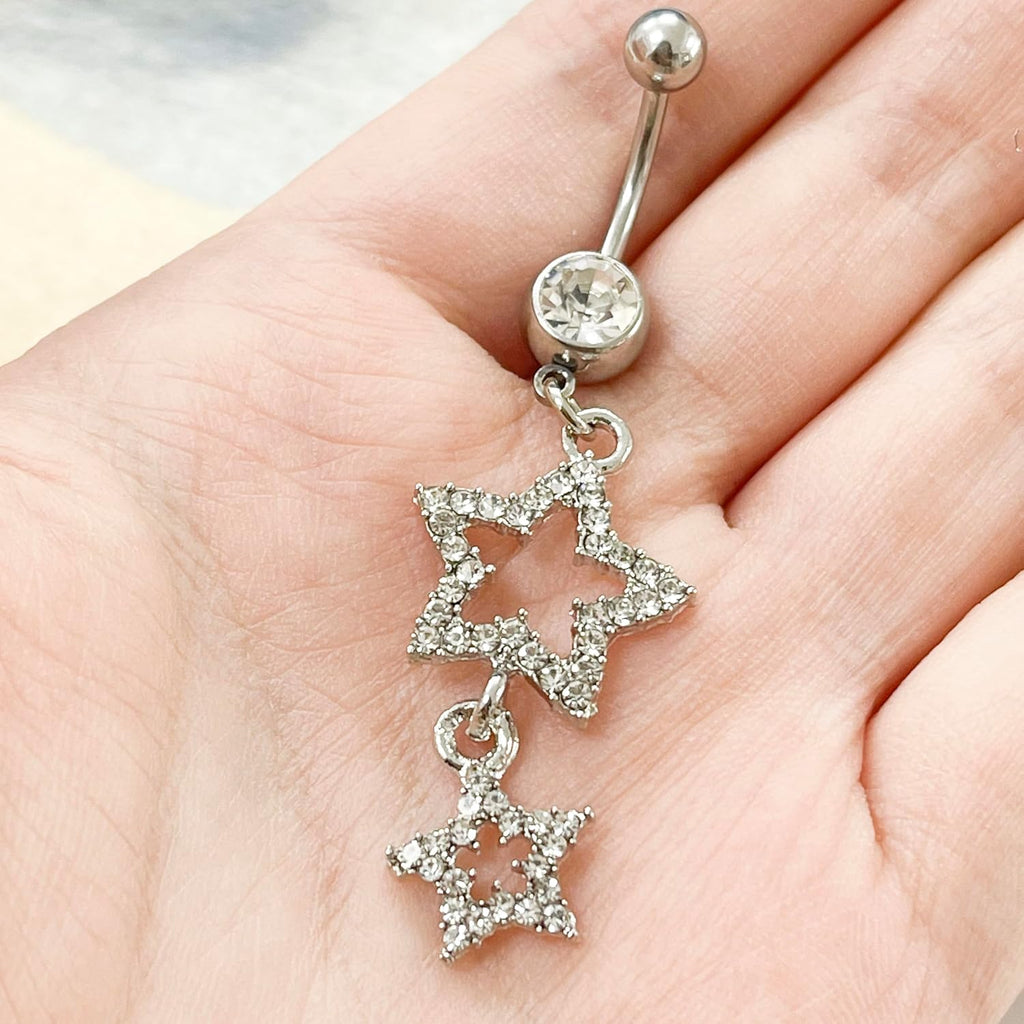 14G Sparkle Star Dangle Belly Button Rings for Women Surgical Steel Belly Navel Piercing Barbell Dangling Body Piercing Jewelry - 我的商店我的商店我的商店
