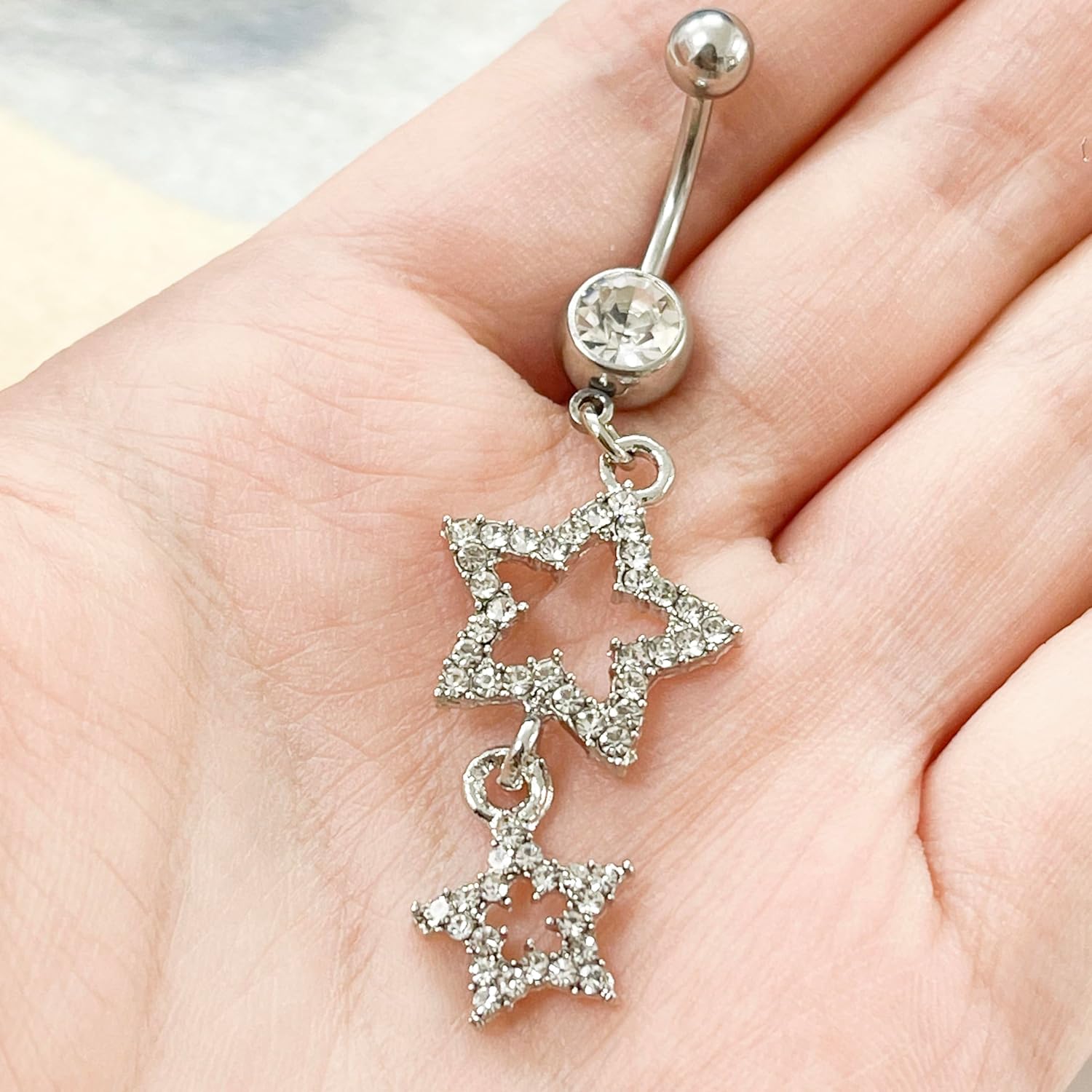 14G Sparkle Star Dangle Belly Button Rings for Women Surgical Steel Belly Navel Piercing Barbell Dangling Body Piercing Jewelry - 我的商店我的商店我的商店