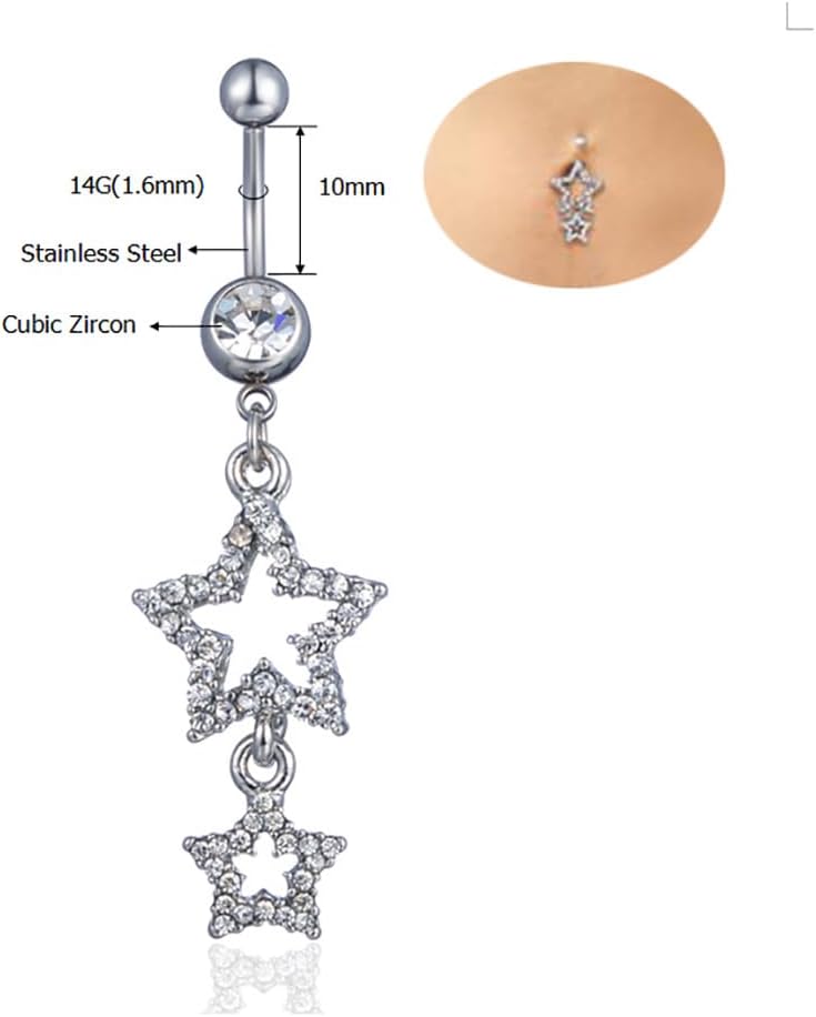 14G Sparkle Star Dangle Belly Button Rings for Women Surgical Steel Belly Navel Piercing Barbell Dangling Body Piercing Jewelry - 我的商店我的商店我的商店